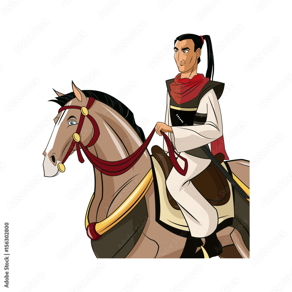 Samurai Warrior with Sword, Riding horse, designed using fire grunge brush graphic vector.