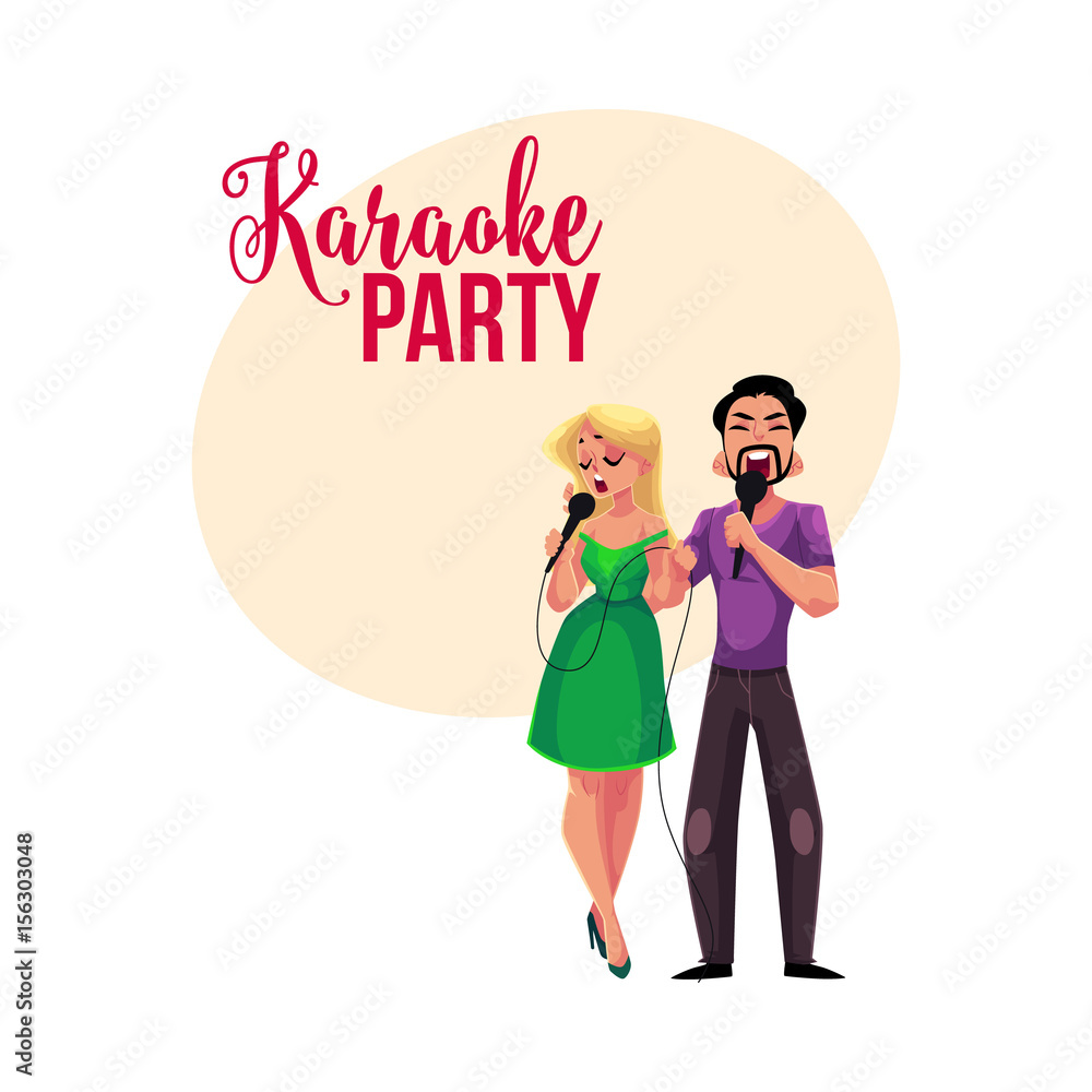 Karaoke party, contest banner, poster, postcard design with couple of singers, cartoon vector illustration on white background. Karaoke party banner with man and woma singing together Karaoke party, contest banner, poster, postcard design with couple of singers, cartoon vector illustration on white background. Karaoke party banner with man and woma singing together