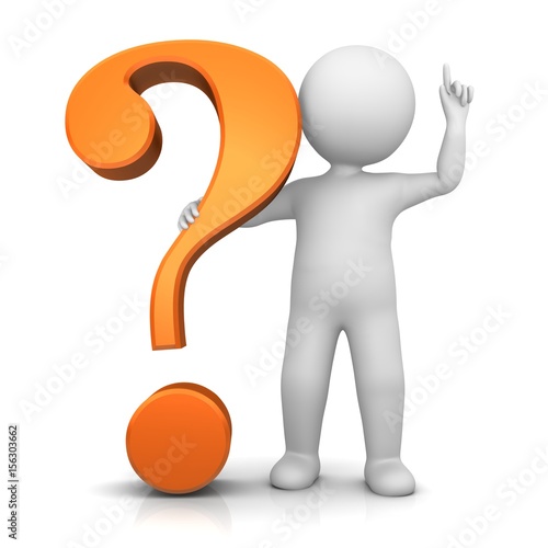 question mark orange 3d interrogation point asking sign isolated on white background with man as stickman in think pose or with idea gesture colored for business presentations or internet