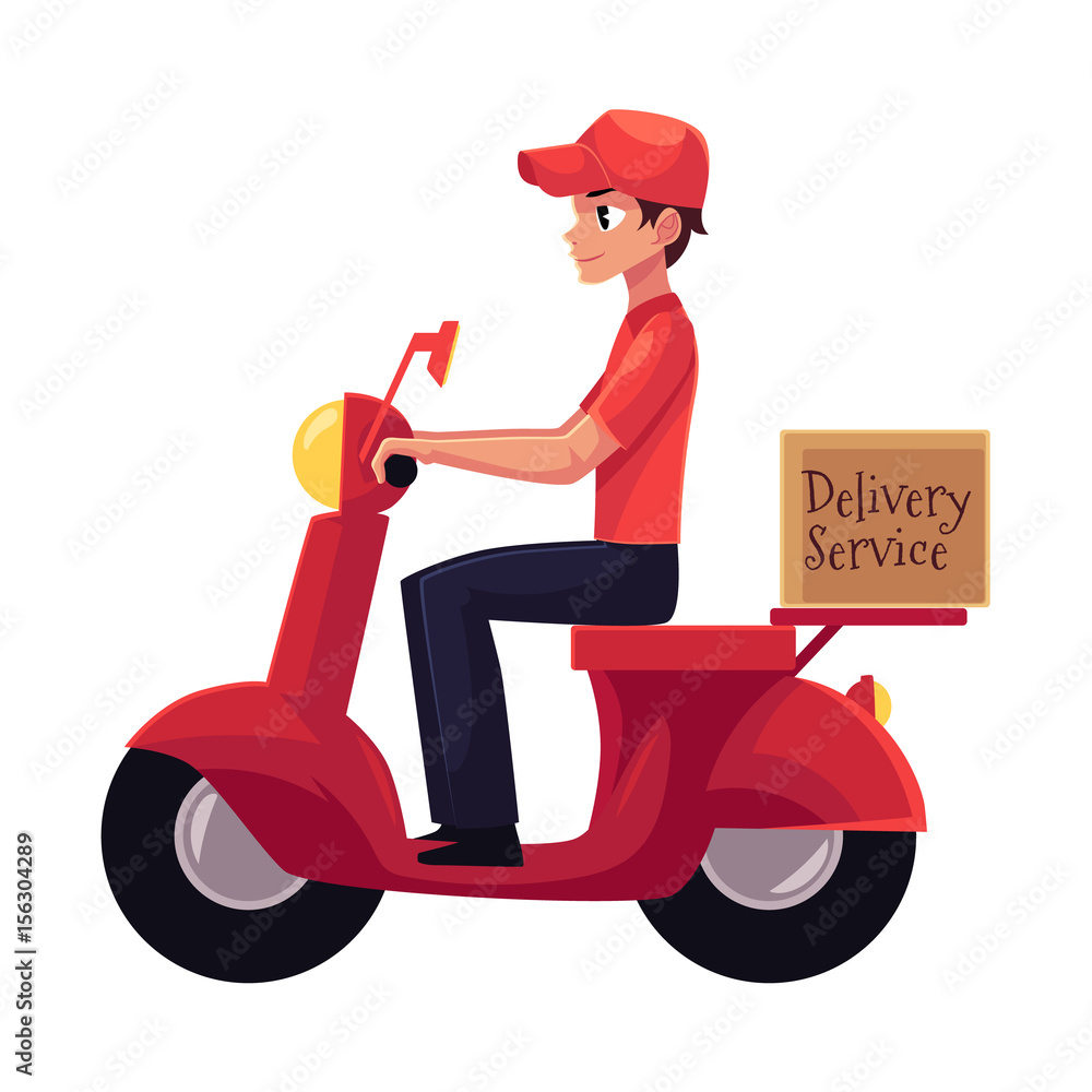 Courier, delivery service worker riding scooter, motorcycle loaded with  boxes, cartoon vector illustration isolated on white background. Young  courier delivering packages by driving motorbike, scooter Stock Vector |  Adobe Stock