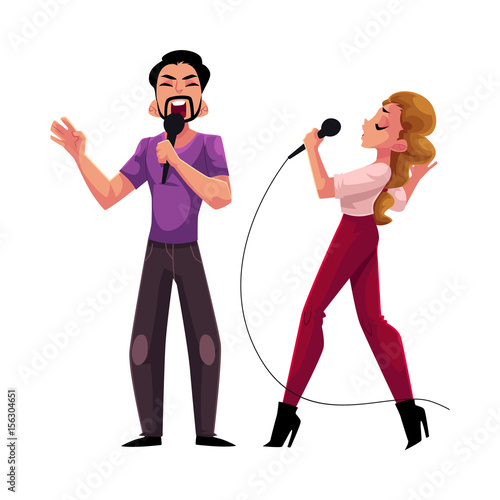 Man and woman, couple singing in duet, karaoke party, contest, competition, cartoon vector illustration isolated on white background. Two karaoke singers, man woman, male female, singing together