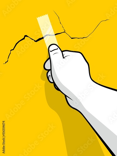 Man hand fixing crack with duct tape