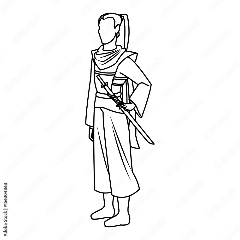 animation asian man long hair to ancient clothes. vector illustration