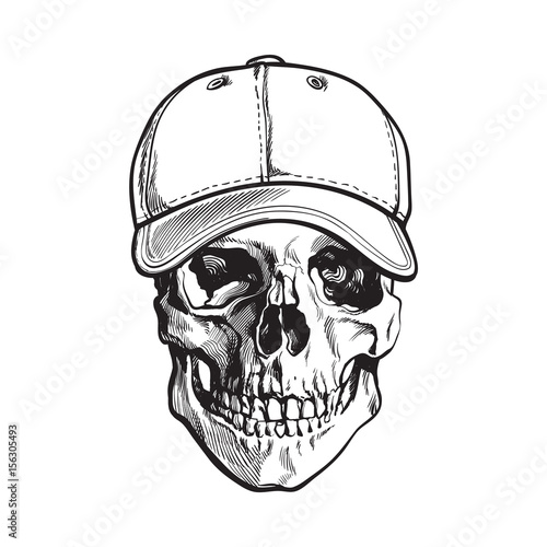 Hand drawn human skull wearing black and white unlabelled baseball cap, sketch vector illustration isolated on white background. Realistic hand drawing of skull wearing baseball cap