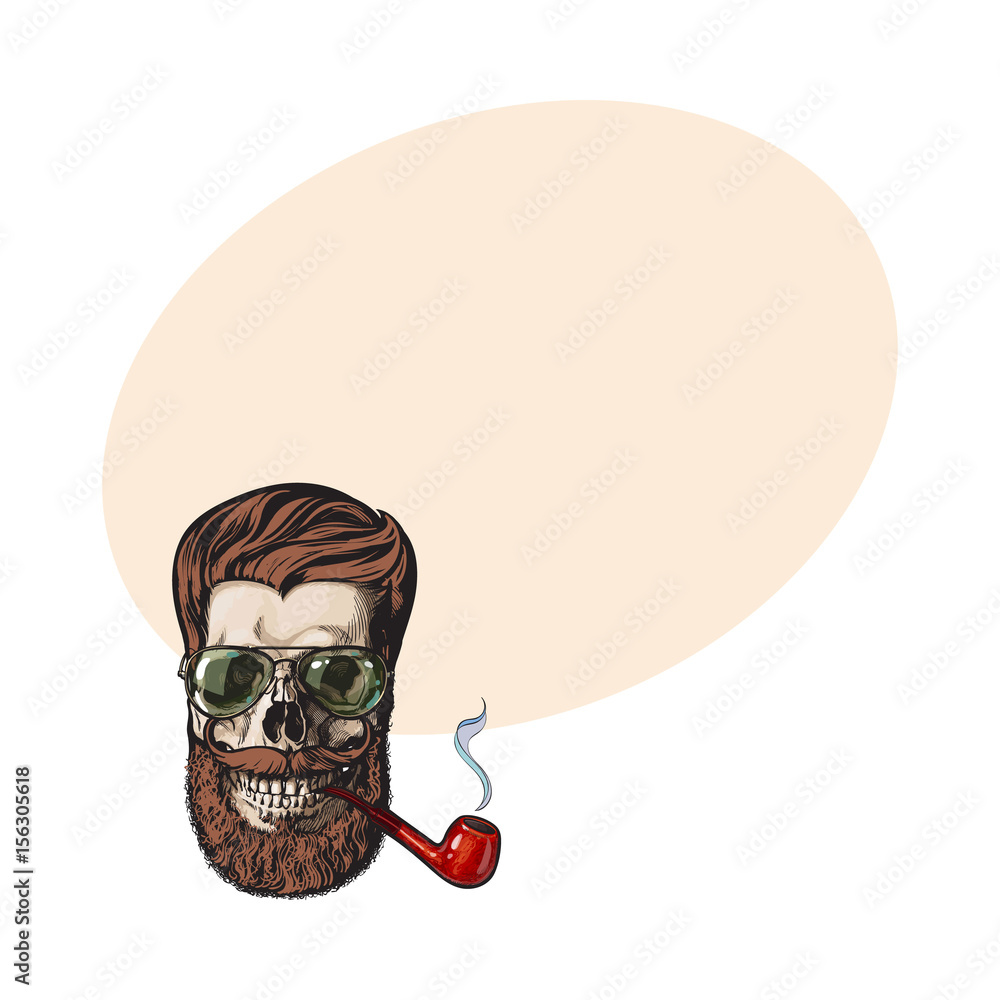 Human skull with red hipster beard, wearing aviator sunglasses, smoking  pipe, sketch vector illustration with space for tex. Hand drawing of human  skull with hipster hair, beard and whiskers Stock Vector |