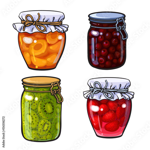 Set of apricot, cherry, strawberry and kiwi jam, marmalade in traditional jars, sketch style vector illustration isolated on white background. Hand drawn, realistic grandma berry, fruit jam in jars