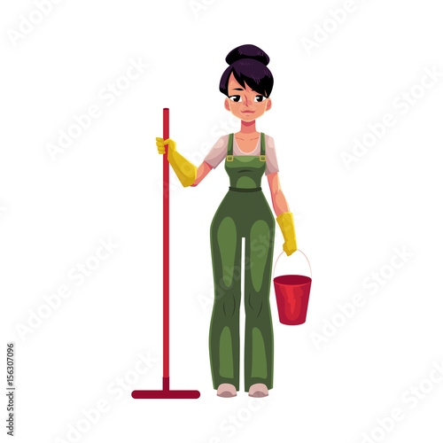 Cleaning service girl, charwoman, cleaner in overalls holding mop and bucket, cartoon vector illustration isolated on white background. Cleaning service girl holding mop and bucket, wearing uniform