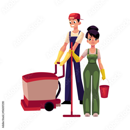 Service workers in overalls, girl with mop and bucket, man, boy using floor cleaning machine, cartoon vector illustration isolated on white background. Cleaning service workers washing the floor