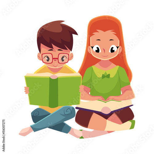 Two kids, boy in glasses and red haired girl, reading books sitting on the floor, cartoon vector illustration isolated on white background. Kids, boy and girl, reading books, sitting