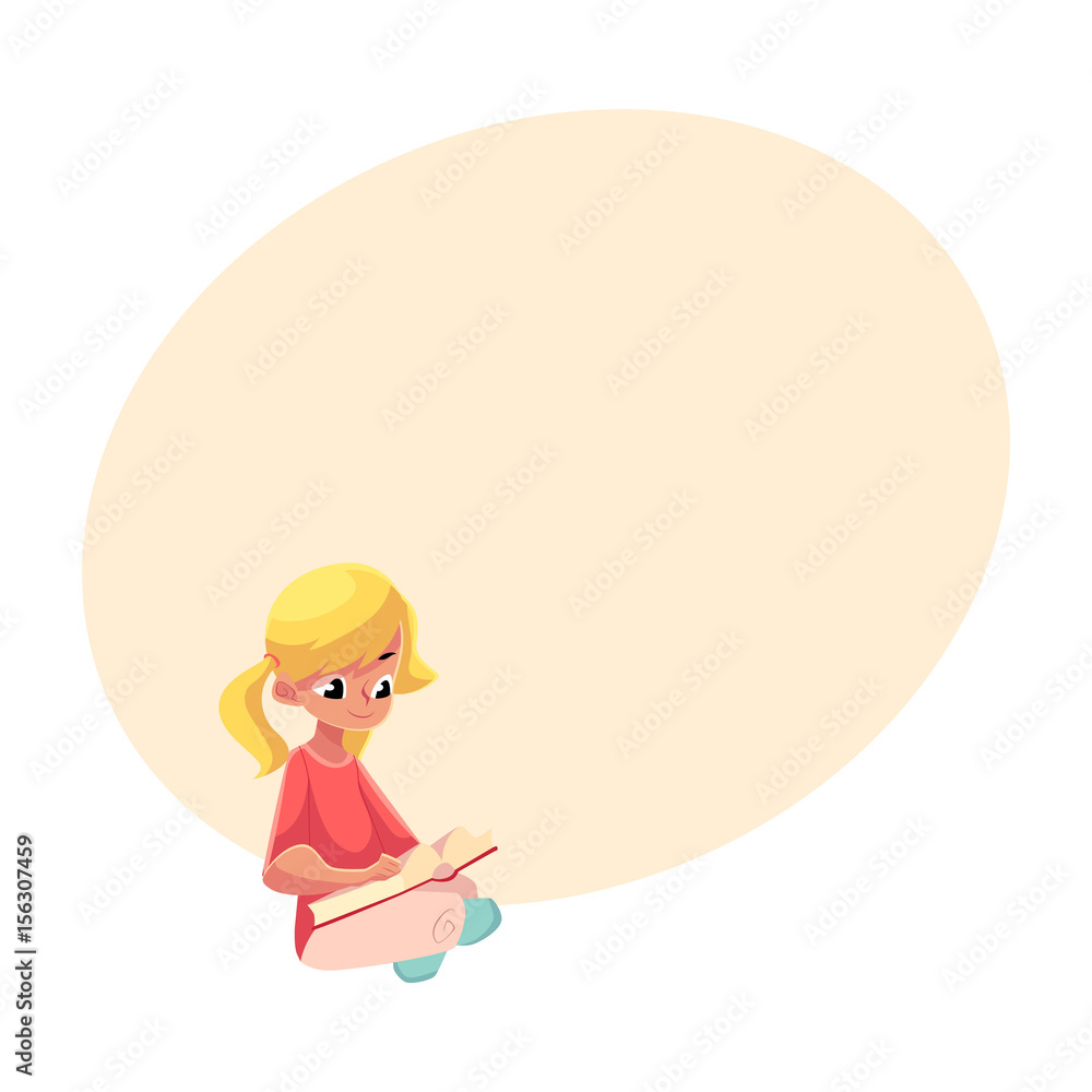 Little blond girl with ponytails reading book sitting with crossed legs on the floor, cartoon vector illustration with space for text. Little girl reading book sitting on the floor Little blond girl with ponytails reading book sitting with crossed legs on the floor, cartoon vector illustration with space for text. Little girl reading book sitting on the floor