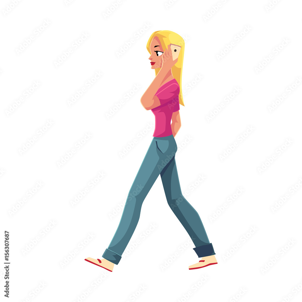 Young woman walking with smartphone, talking by mobile phone, cartoon vector illustration isolated on white background. Full length portrait of woman, girl in jeans and t-shirt talking by mobile phone