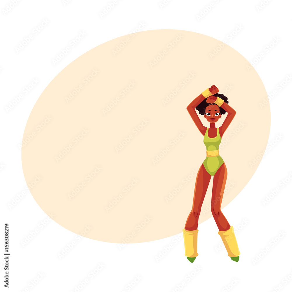 Vetor de Black, African American girl, woman in 80s style aerobics outfit  enjoying sport dance workout, cartoon vector illustration with space for  text. Retro style black girl, woman, aerobic workout do Stock