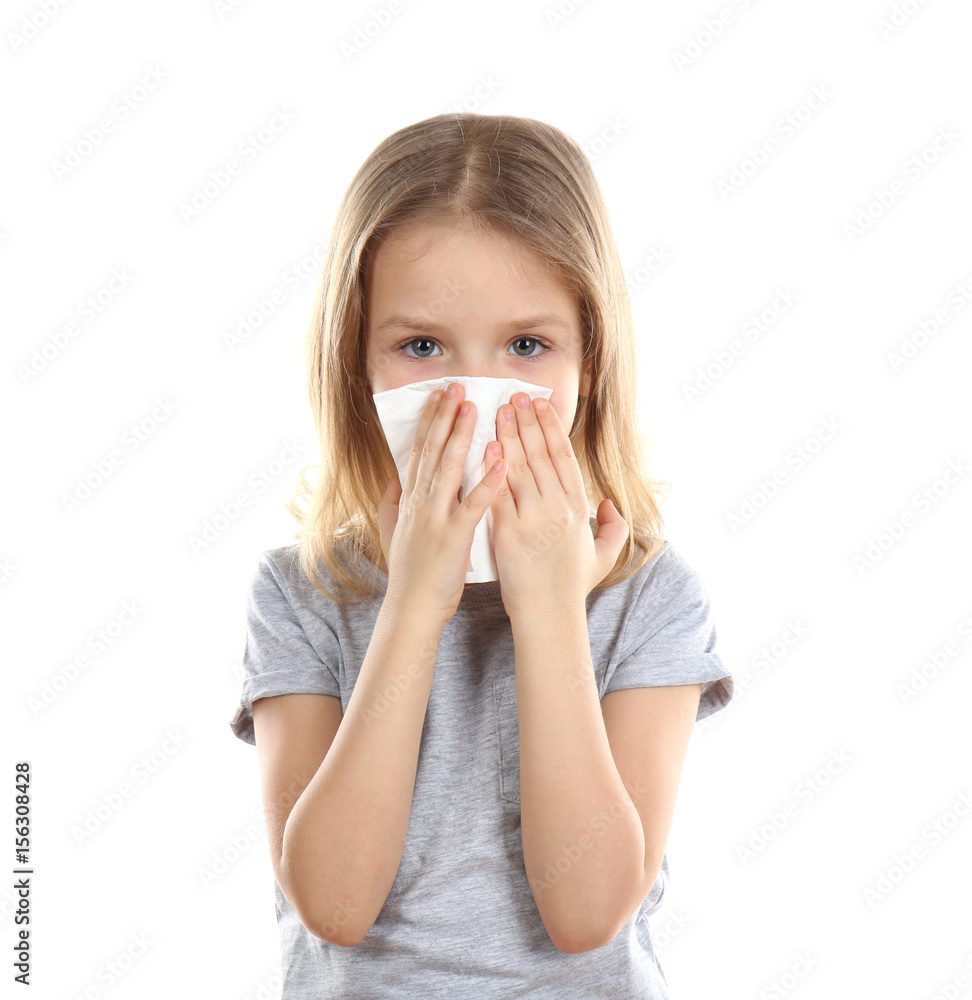 Small ill girl with napkin, isolated on white Small ill girl with napkin, isolated on white
