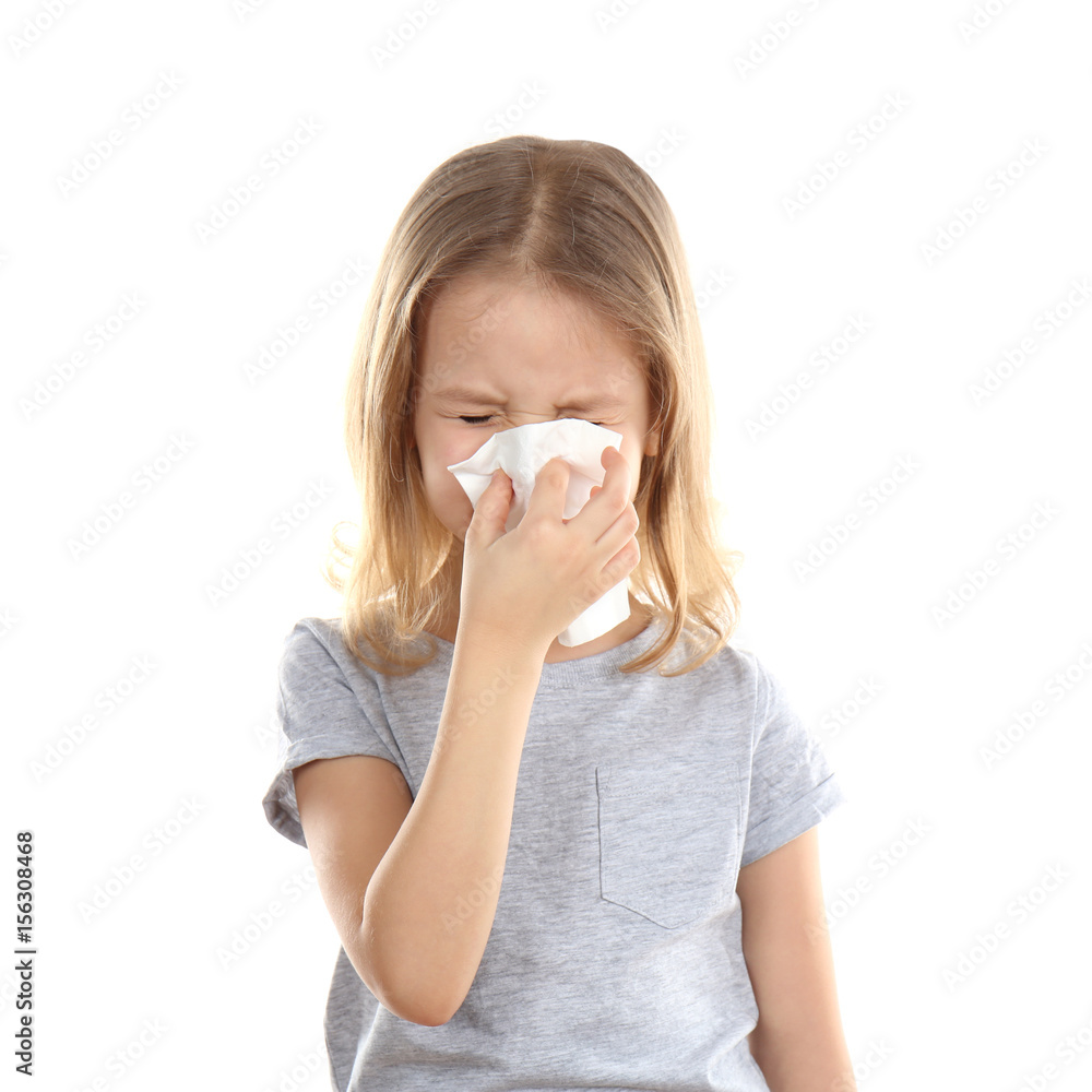 Small ill girl with napkin, isolated on white Small ill girl with napkin, isolated on white
