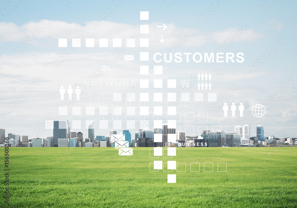 Natural background with modern cityscape green field and media interface