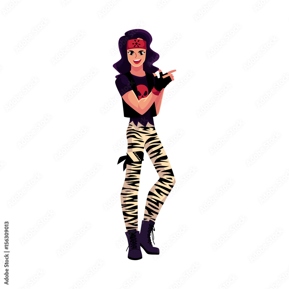 Young man dressed as glam rock star, wearing zebra leggings, skull tshirt and army boots, cartoon vector illustration isolated on white background. Full length portrait of glam rock style young man Young man dressed as glam rock star, wearing zebra leggings, skull tshirt and army boots, cartoon vector illustration isolated on white background. Full length portrait of glam rock style young man
