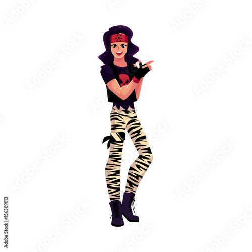 Young man dressed as glam rock star, wearing zebra leggings, skull tshirt and army boots, cartoon vector illustration isolated on white background. Full length portrait of glam rock style young man