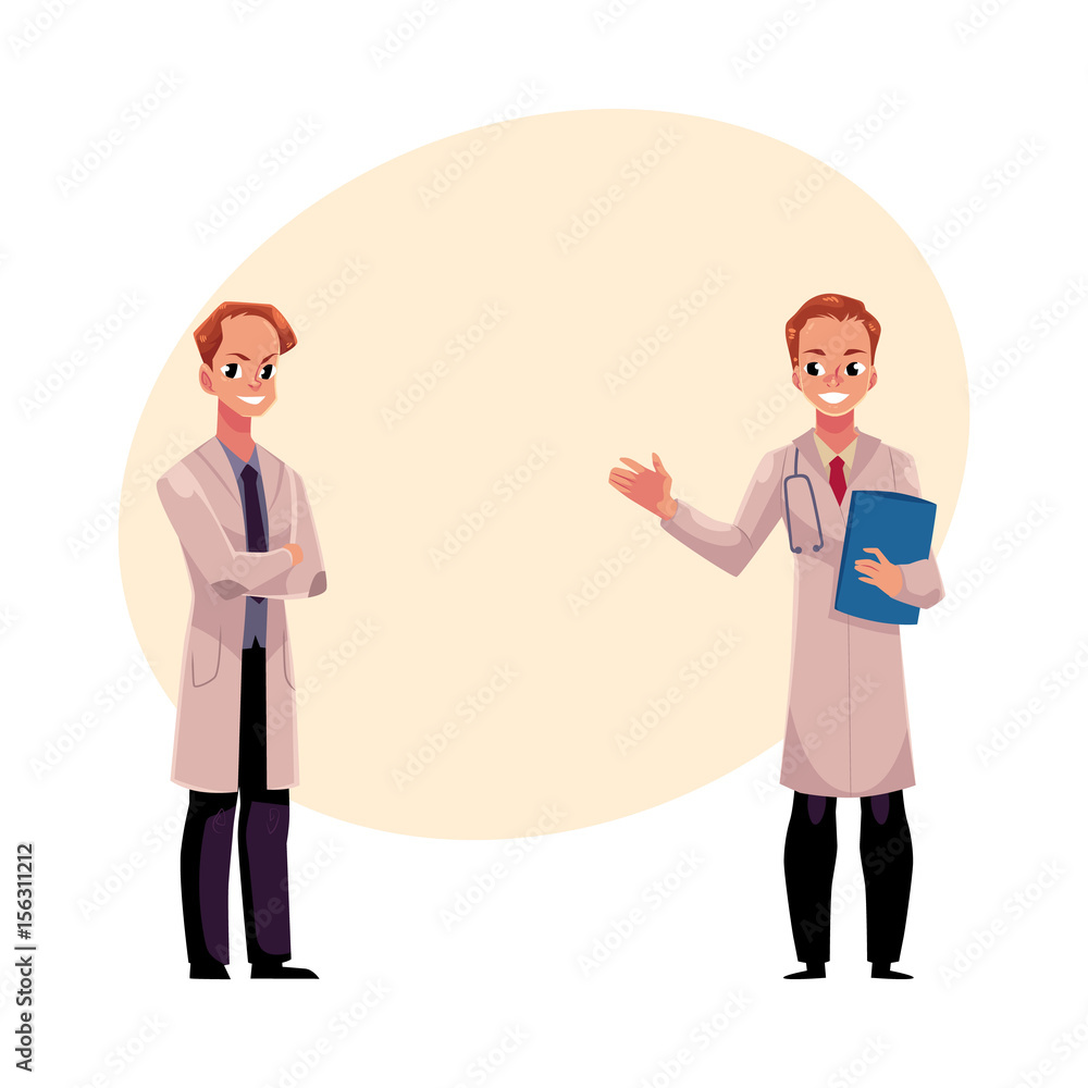 Two male doctors in medical coats, one holding stethoscope and folder,  another with folded arms, cartoon vector illustration with space for text.  Full length portrait of two male, man doctors Stock Vector |