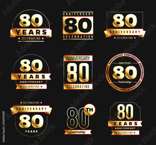 80th anniversary logo set with gold elements. Vector illustration.