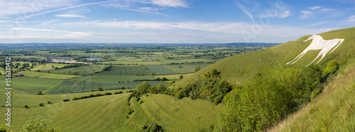 View from Westbury White Horse. Hill figure created by exposing white chalk on the escarpment of Salisbury Plain in Wiltshire, UK