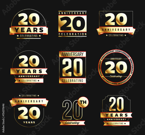 20th anniversary logo set with gold elements. Vector illustration.