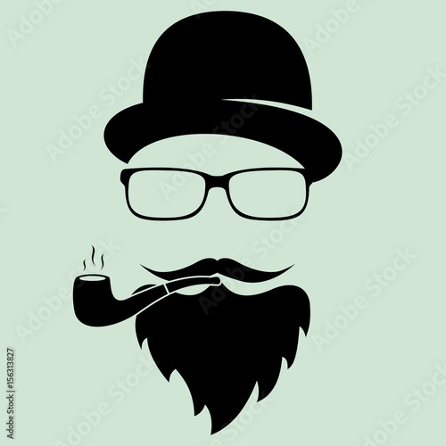 Man with glasses and a hat with a pipe, a mustache. Hipster. Flat design. Vector logotype