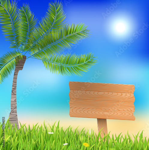 Summer background with wooden sign.