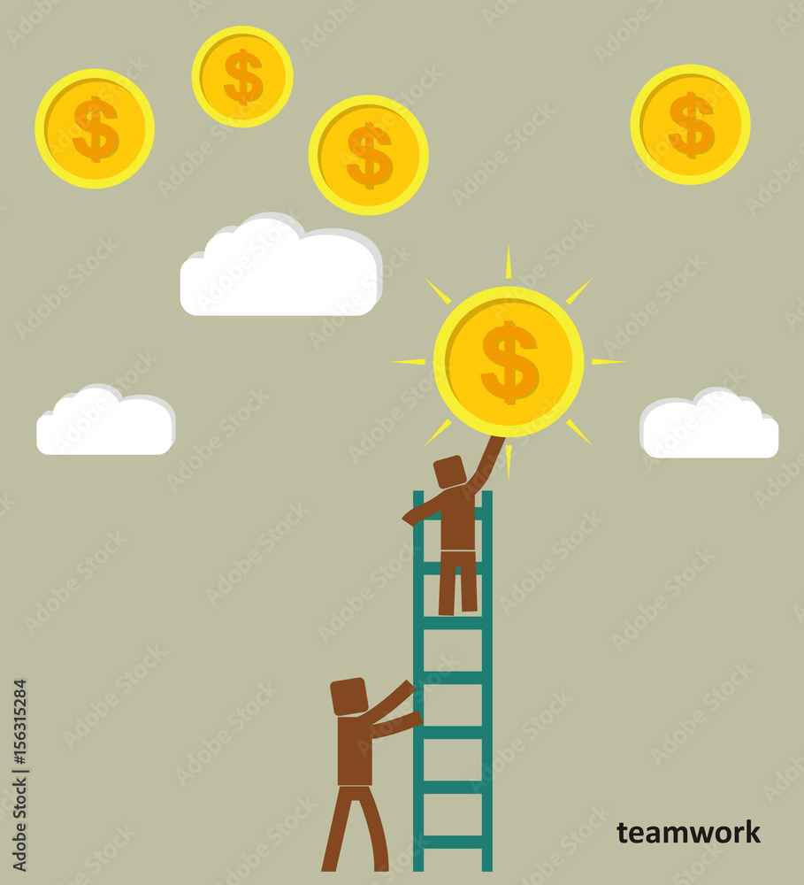 The concept of teamwork. Businessman takes a coin from the sky. The concept of teamwork. Businessman takes a coin from the sky.
