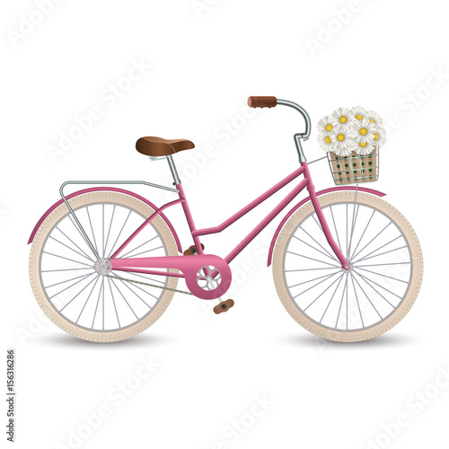 Retro bycicle with basket of flowers. Healthy lifestyle, fitness. Vector illustration EPS10.