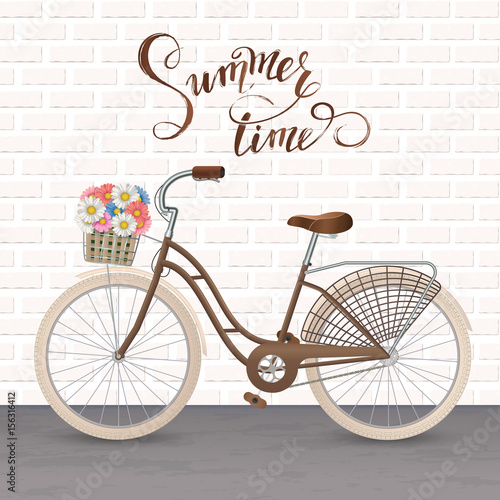 Retro bycicle with basket of flowers. Healthy lifestyle, fitness. Vector illustration EPS10.