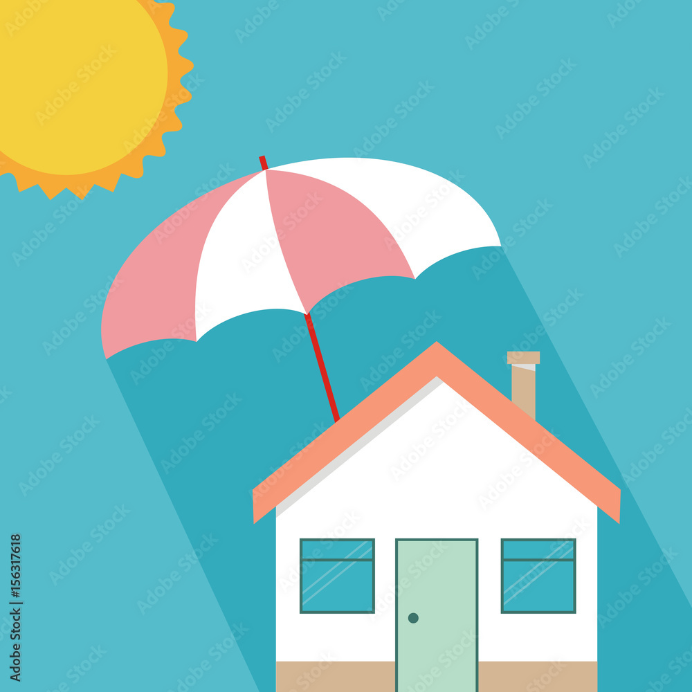 House insurance concept, residential home real estate protection, flat cartoon house protected under umbrella, home safety security shield vector illustration
