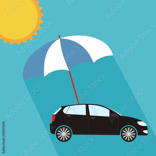 Blue umbrella protecting car against sun, flat style. Safety, insurance, risk concept. Vector illustration