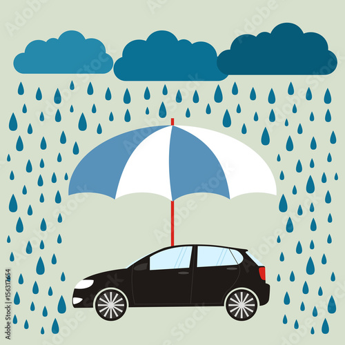 Blue umbrella protecting car against rain, flat style. Safety, insurance, risk concept.