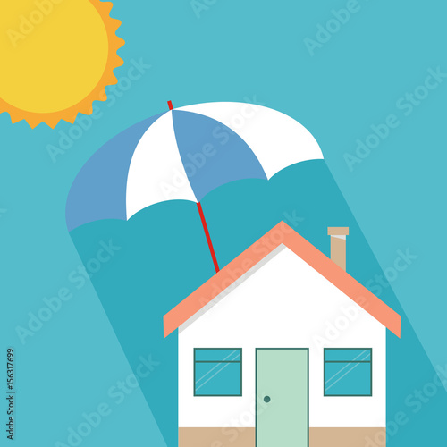 House insurance concept  residential home real estate protection  flat cartoon house protected under umbrella  home safety security shield vector illustration