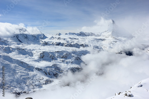 View of the Matterhorn from the Rothorn summit station. Swiss Alps, Valais, Switzerland.