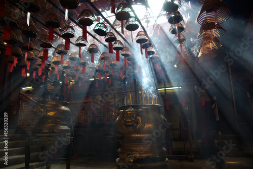 Photography Jesus Light and the hanging incenses inside the Man Mo Temple in Hong Kong
