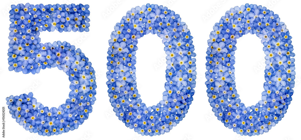 Arabic numeral 500, five hundred, from blue forget-me-not flowers Arabic numeral 500, five hundred, from blue forget-me-not flowers