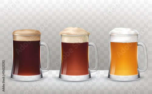 Vector illustration of a realistic style three glass beer mugs with a different types of beer isolated on a transparent background