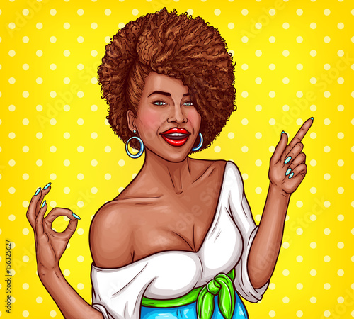 Vector pop art illustration of a black woman shows the OK sign and points a finger in the direction of something. Pop art poster for the advertising with a beautiful black woman