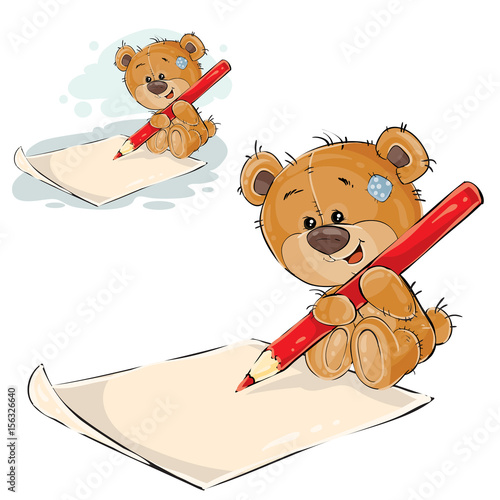 Vector illustration of a brown teddy bear holding a pencil in his paws and writing it on a paper. Print, template, design element, can be used for advertising, ads