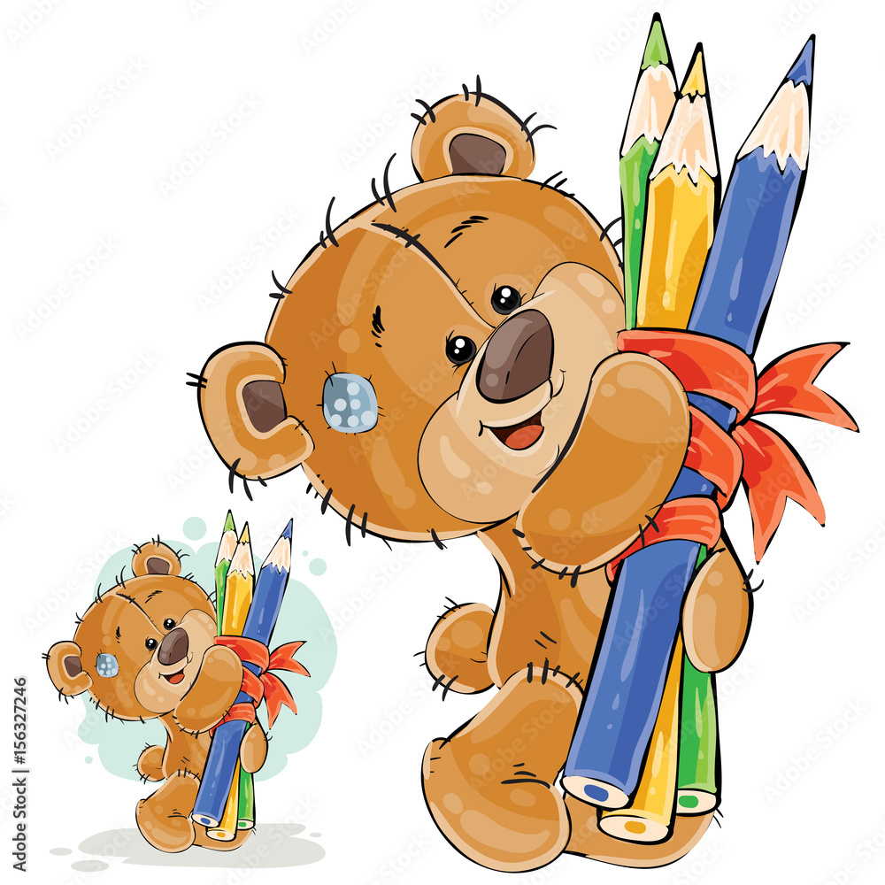 Obraz premium Vector illustration of a brown teddy bear holding in its paws a bunch of pencils linked by a ribbon. Print, template, design element
