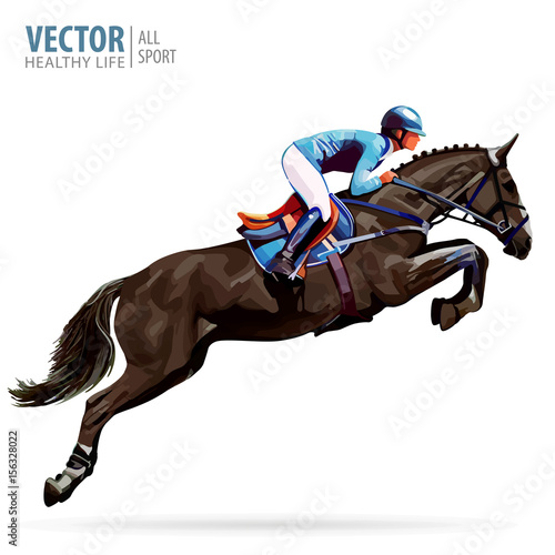 Jockey on horse. Champion. Horse riding. Equestrian sport. Jockey riding jumping horse. Poster. Sport background. Isolated Vector Illustration.