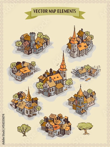 Vector map elements, colorful, hand draw - settlement, city, village