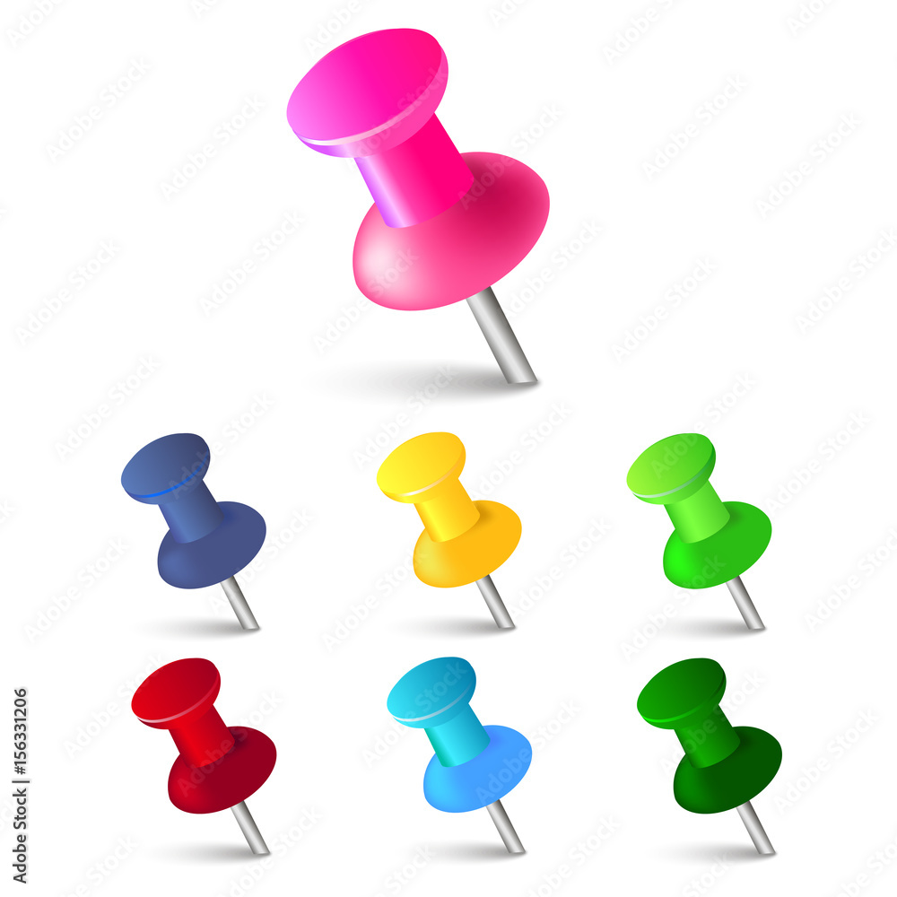 Set of push pins in different colors. Thumbtacks. Top view. Vector illustration. Set of push pins in different colors. Thumbtacks. Top view. Vector illustration.