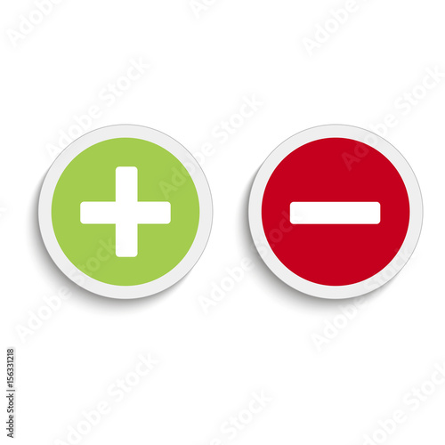 Plus and minus round icons with soft shadow on the white background. Vector illustration 