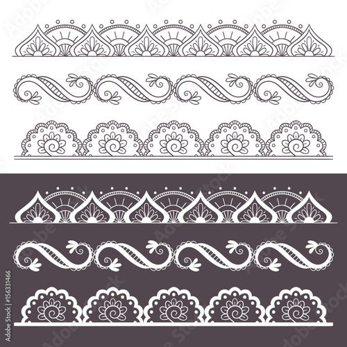 Ornamental seamless borders set. Vector set with abstract floral elements in indian style.