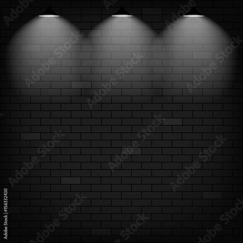 Vector scene illuminated spotlight. Black bricks wall background