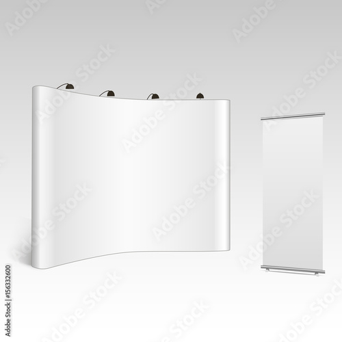 Blank trade show booth mock up. Front view. Vector isolated on grey background
