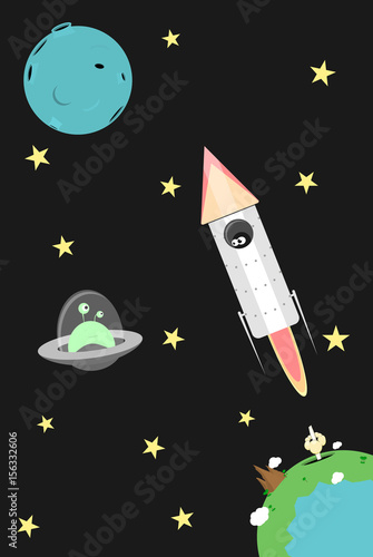Rocket launched from a planet with astronaut looking at the smiling alien in a flying saucer. UFO approaches to a spacecraft in the outer space. First contact funny flat vector cosmos illustration