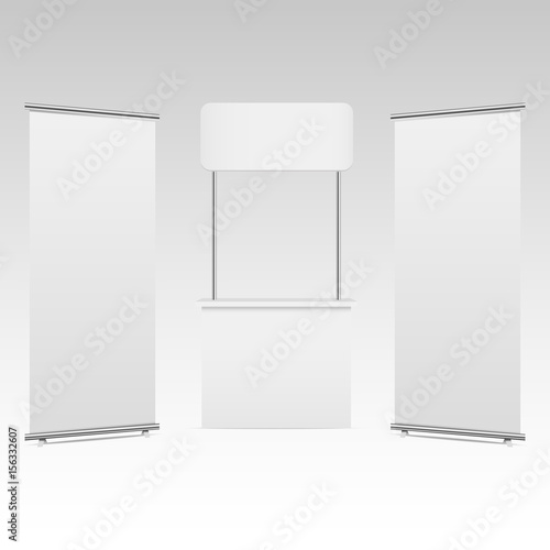 Blank roll-up banner display and blank promotion stands , isolated with clipping path. Vector
